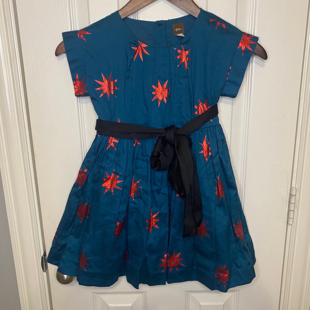 Tea Collection Girls Dress Size 5‎ Teal Blue Red Starburst Embroidered Party